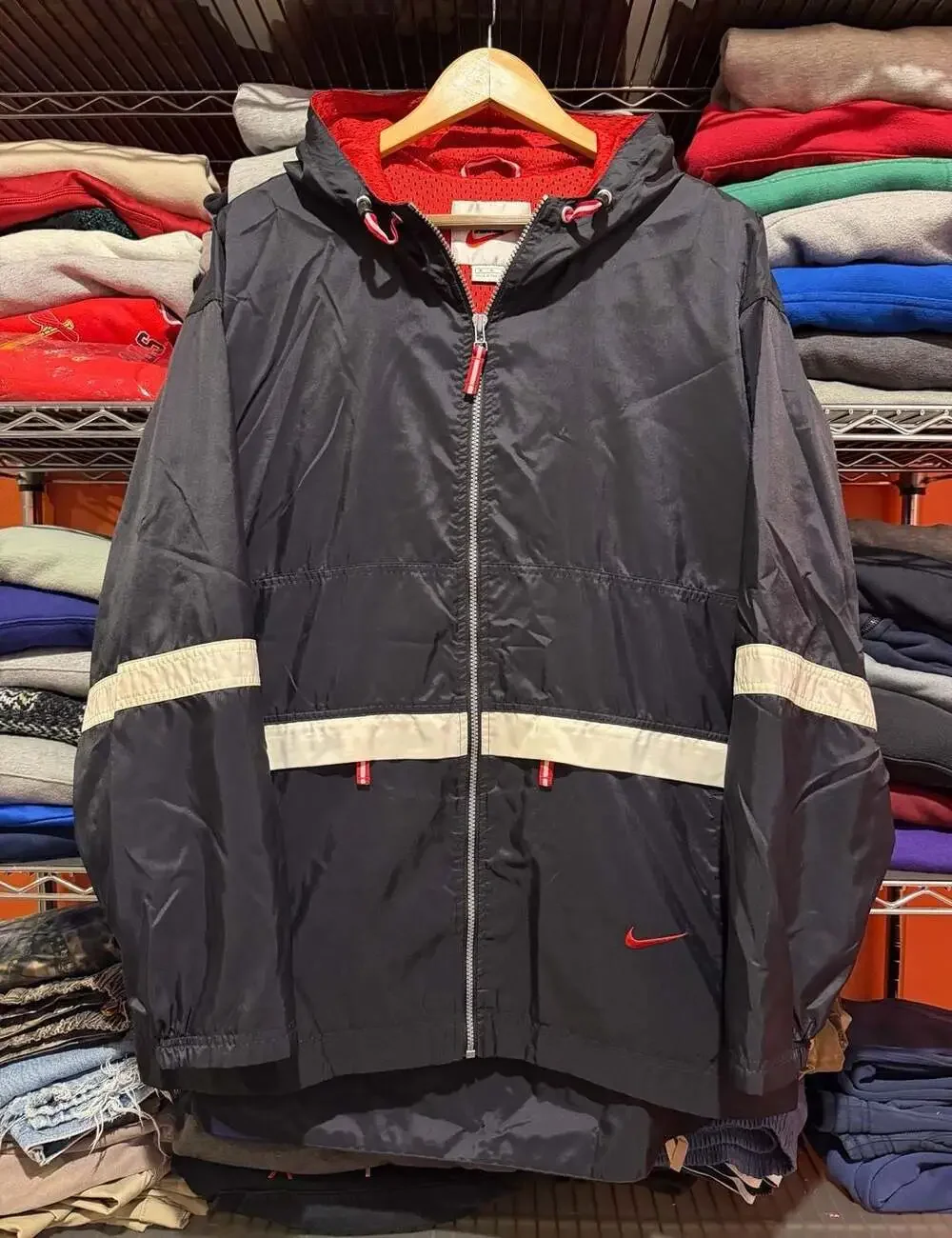 Vintage Nike Black and Red Hooded Windbreaker Jacket Medium White Tag